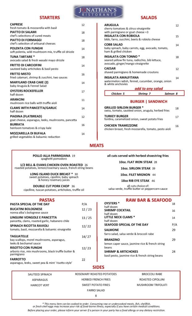 Lunch Menu Jonathan's Ristorante